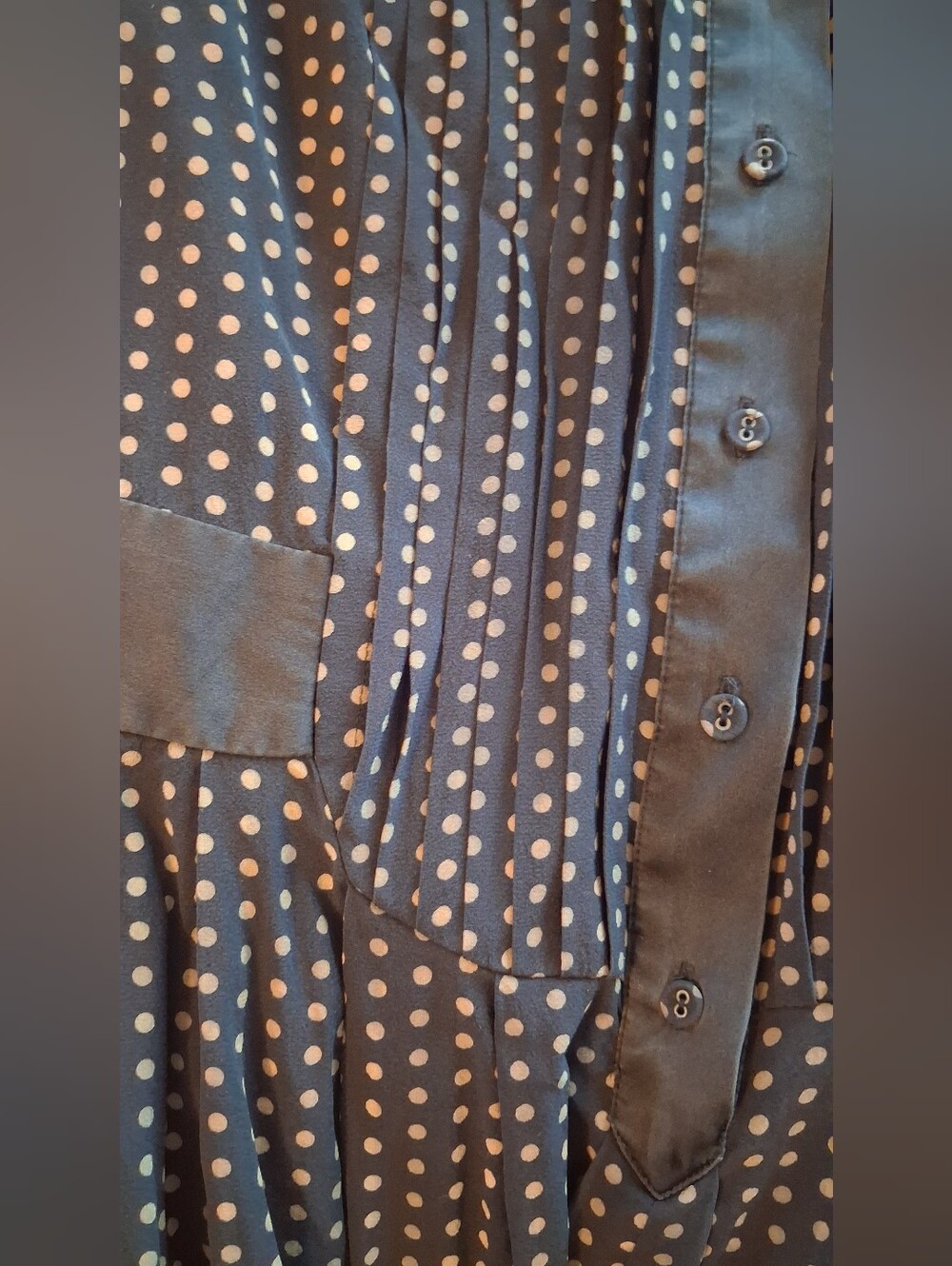 Black Silk Polka Dot Pleated Skirt Button Up Dress - Picture 3 of 7